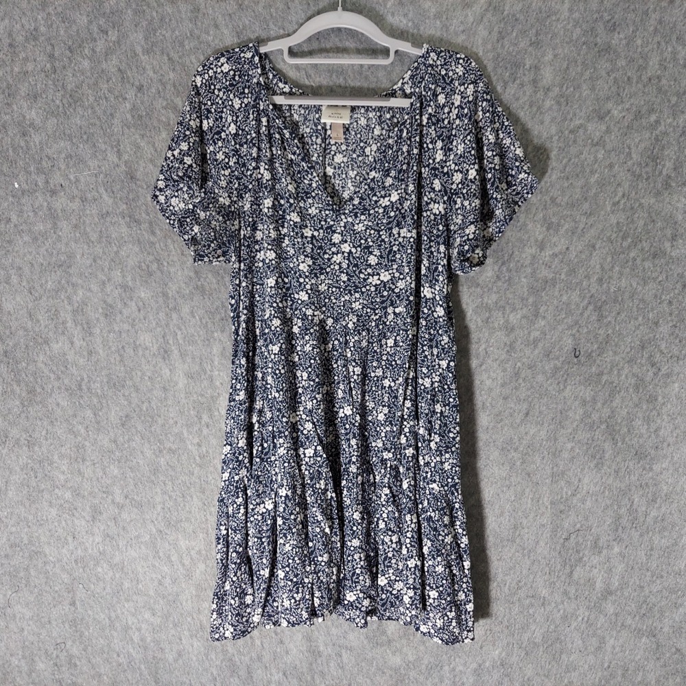 Knox Rose Dress L Navy Cottagecore Ditsy Floral Tiered Swing Slab Crepe Crinkle